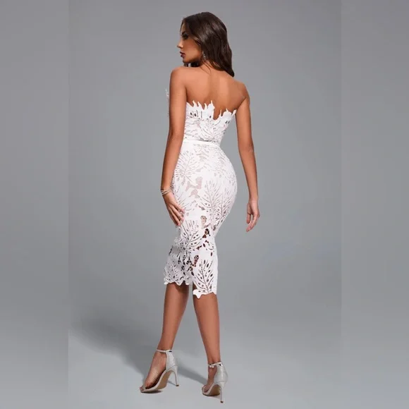 Stripe Strapless Lace Midi Bandage Dress - Picture 4 of 4